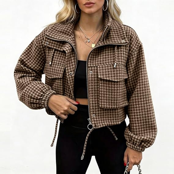 Women's Fashion Retro Plaid Stand Collar Short Coat, Drawstring Design, Zipper Front, Perfect for Fall Winter Daily Holiday Outing
