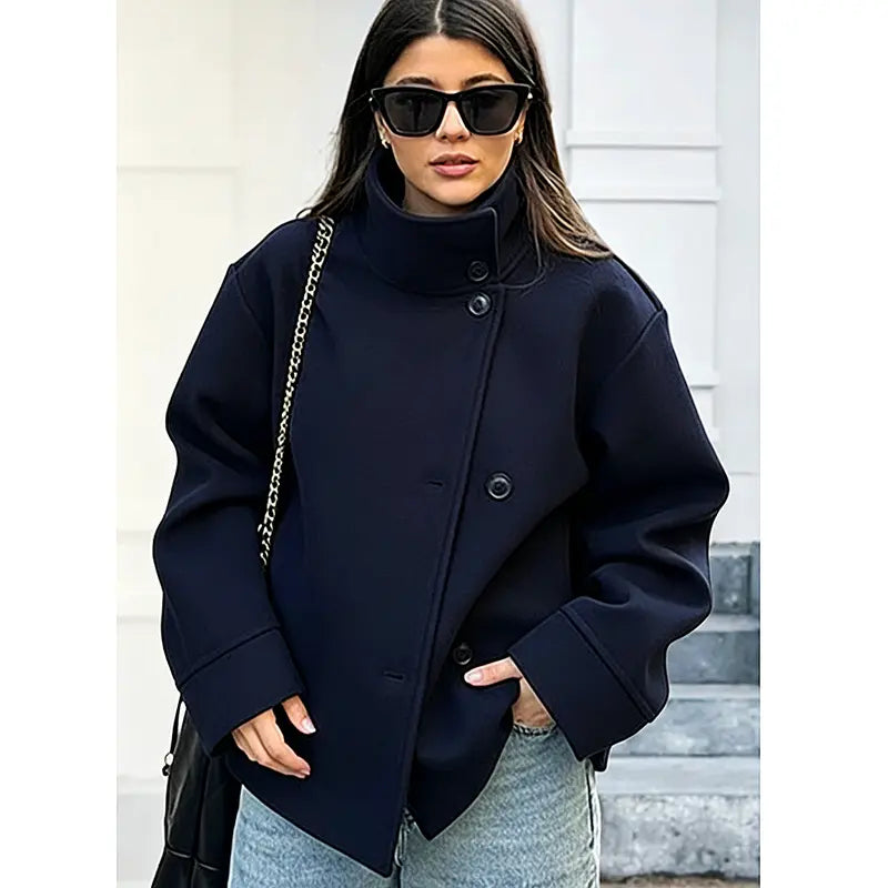 Women Oversized Stand Collar Wool Blend Pea Coat