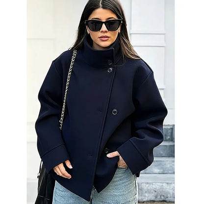 Women Oversized Stand Collar Wool Blend Pea Coat