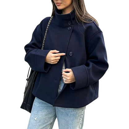 Women Oversized Stand Collar Wool Blend Pea Coat