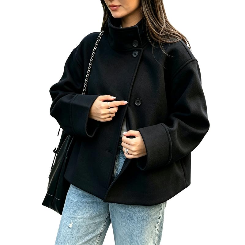 Women Oversized Stand Collar Wool Blend Pea Coat