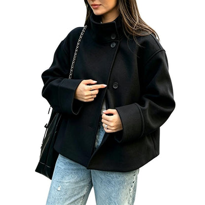 Women Oversized Stand Collar Wool Blend Pea Coat