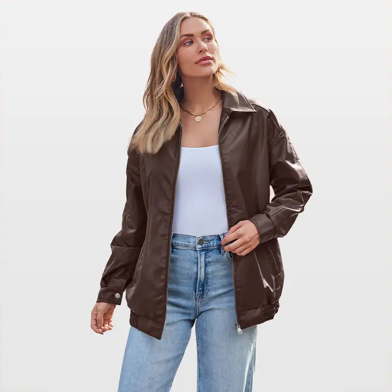 Women's Oversized Faux Leather Biker Bomber Jacket, Fall Winter Coat