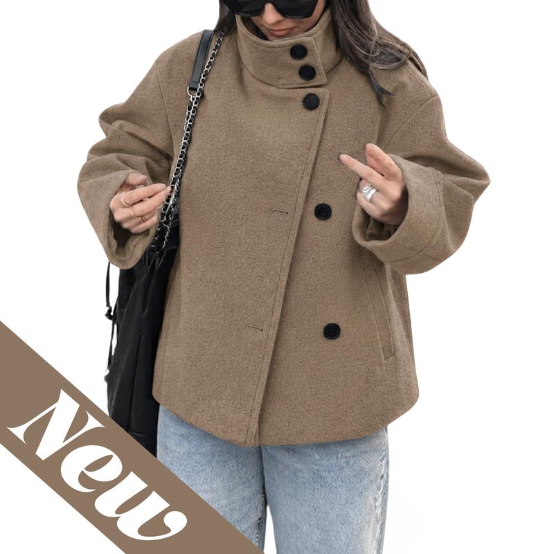 Women Oversized Stand Collar Wool Blend Pea Coat