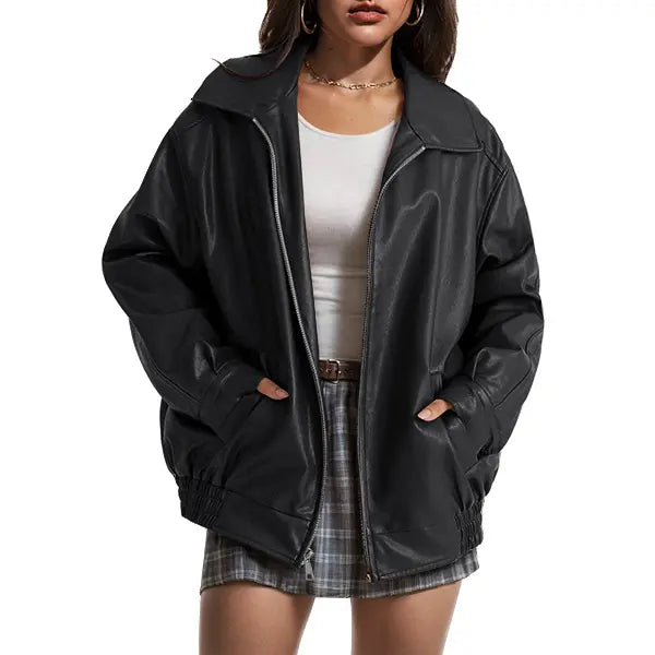 Women's Oversized Faux Leather Biker Bomber Jacket, Fall Winter Coat