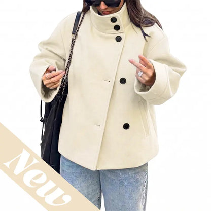 Women Oversized Stand Collar Wool Blend Pea Coat