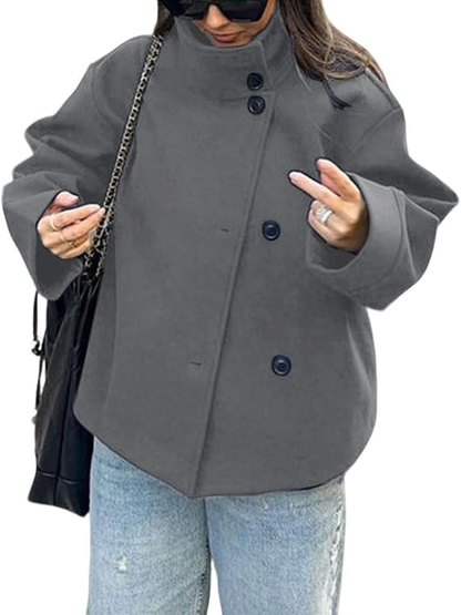 Women Oversized Stand Collar Wool Blend Pea Coat