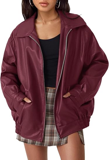 Women's Oversized Faux Leather Biker Bomber Jacket, Fall Winter Coat