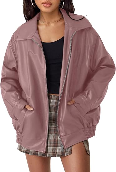 Women's Oversized Faux Leather Biker Bomber Jacket, Fall Winter Coat