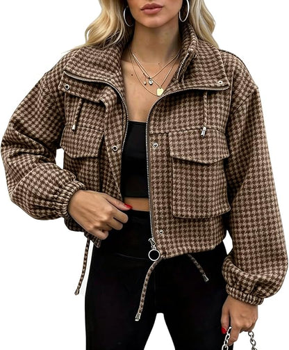 Women's Fashion Retro Plaid Stand Collar Short Coat, Drawstring Design, Zipper Front, Perfect for Fall Winter Daily Holiday Outing