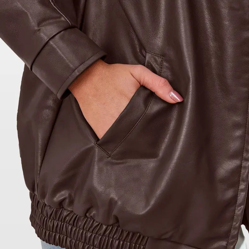 Women's Oversized Faux Leather Biker Bomber Jacket, Fall Winter Coat