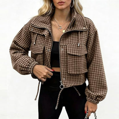 Women's Fashion Retro Plaid Stand Collar Short Coat, Drawstring Design, Zipper Front, Perfect for Fall Winter Daily Holiday Outing