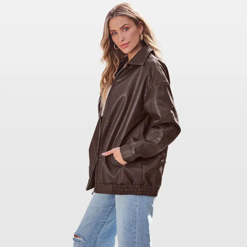 Women's Oversized Faux Leather Biker Bomber Jacket, Fall Winter Coat