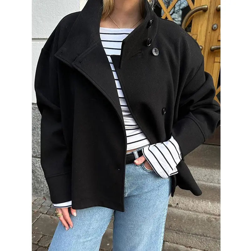 Women Oversized Stand Collar Wool Blend Pea Coat
