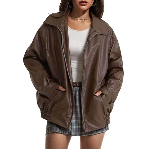 Women's Oversized Faux Leather Biker Bomber Jacket, Fall Winter Coat
