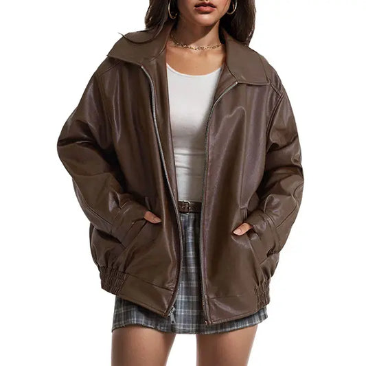 Women's Oversized Faux Leather Biker Bomber Jacket, Fall Winter Coat
