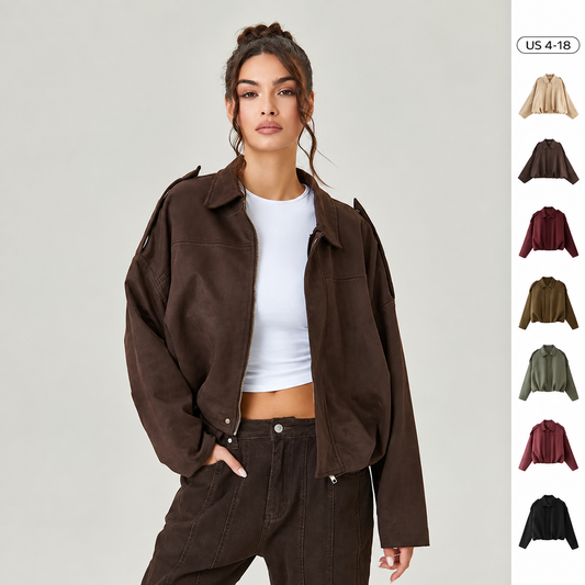 Women's Vintage Collared Zip Jacket, Solid Oversized Loose Outerwear for Daily Wear