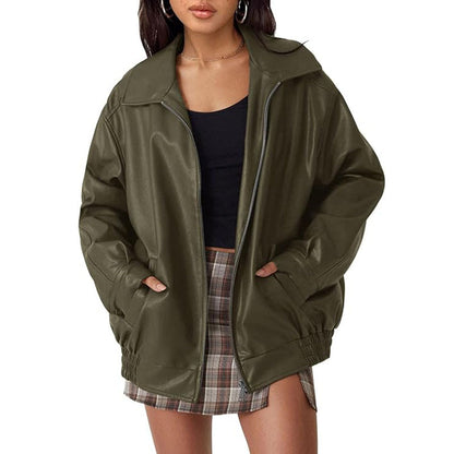 Women's Oversized Faux Leather Biker Bomber Jacket, Fall Winter Coat