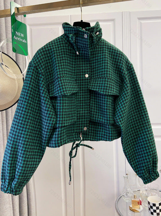 Women's Fashion Retro Plaid Stand Collar Short Coat, Drawstring Design, Zipper Front, Perfect for Fall Winter Daily Holiday Outing