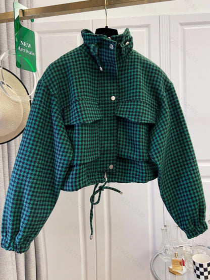 Women's Fashion Retro Plaid Stand Collar Short Coat, Drawstring Design, Zipper Front, Perfect for Fall Winter Daily Holiday Outing