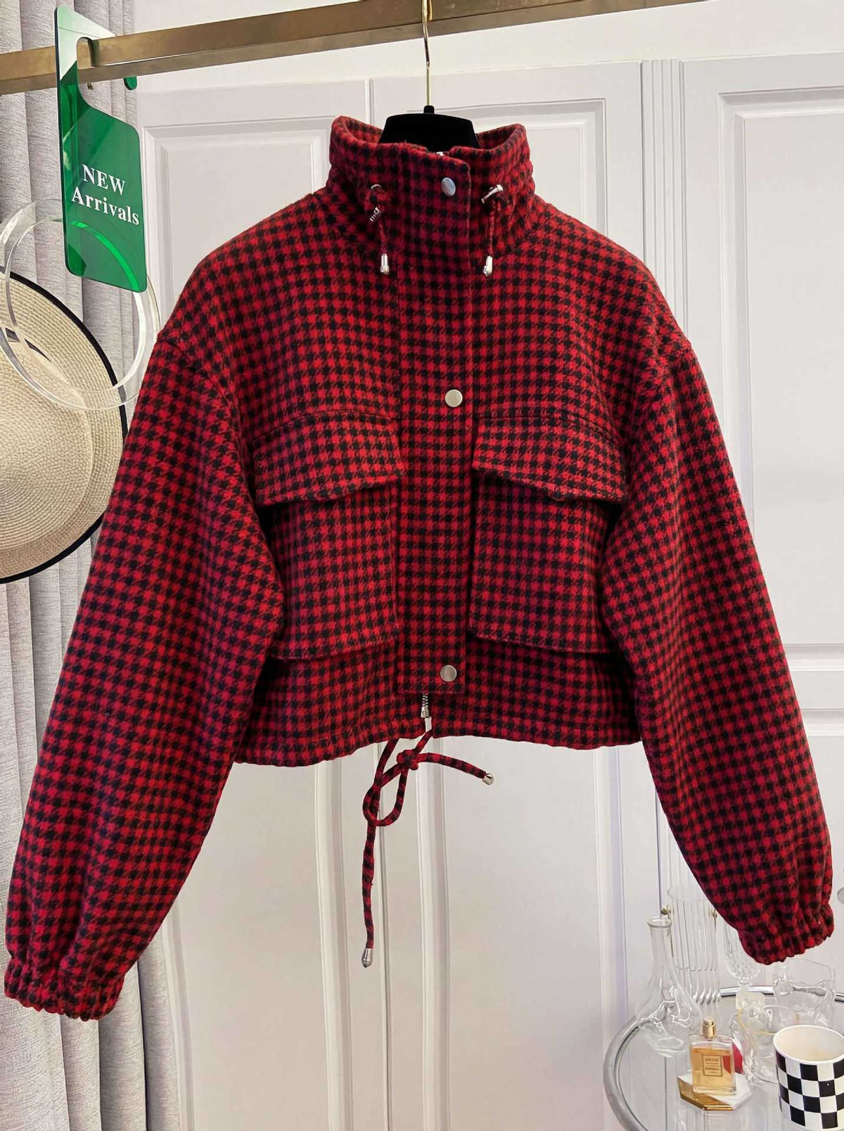 Women's Fashion Retro Plaid Stand Collar Short Coat, Drawstring Design, Zipper Front, Perfect for Fall Winter Daily Holiday Outing