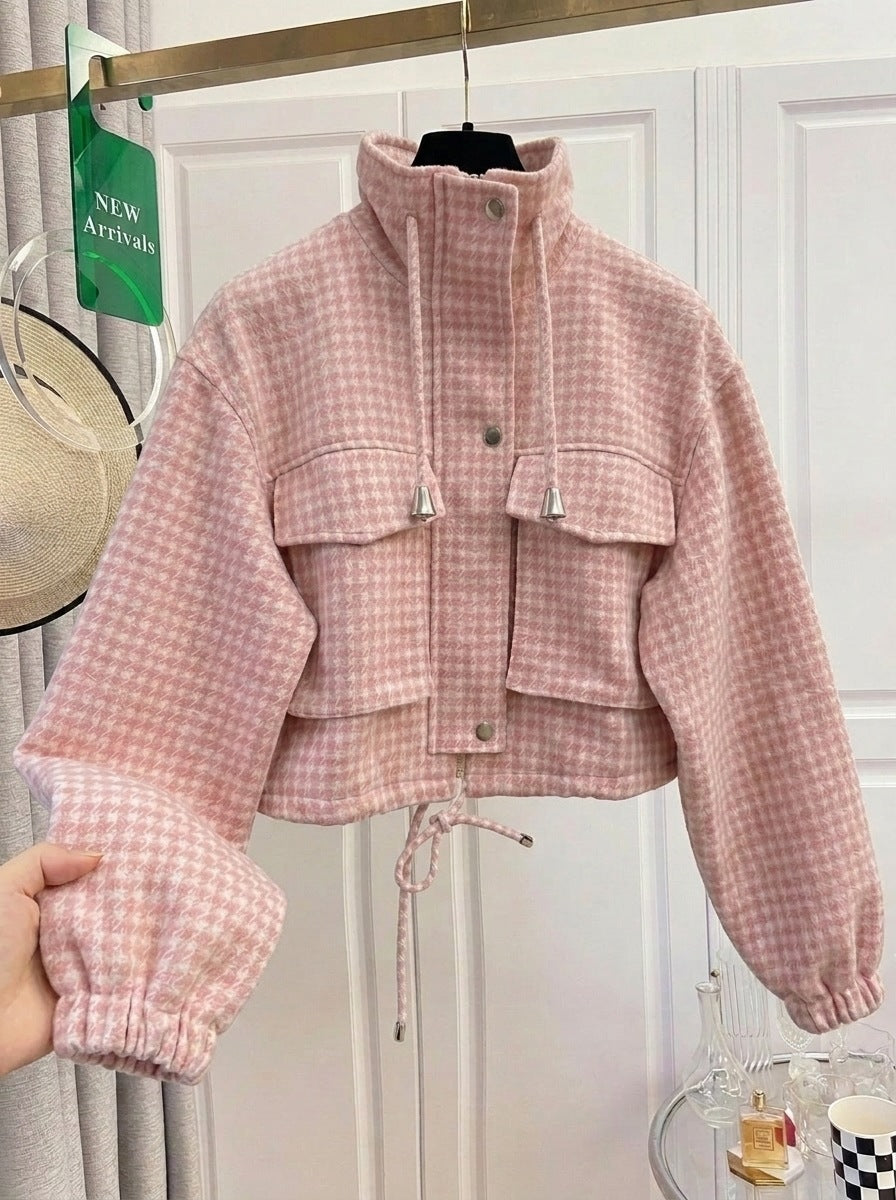 Women's Fashion Retro Plaid Stand Collar Short Coat, Drawstring Design, Zipper Front, Perfect for Fall Winter Daily Holiday Outing