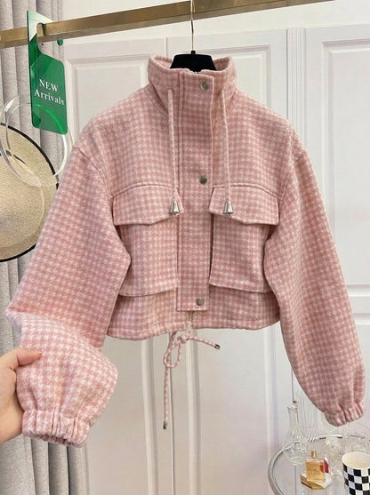 Women's Fashion Retro Plaid Stand Collar Short Coat, Drawstring Design, Zipper Front, Perfect for Fall Winter Daily Holiday Outing