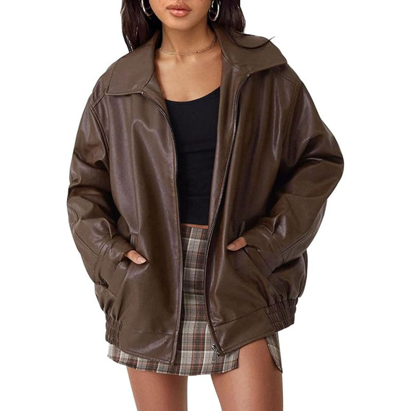 Women's Oversized Faux Leather Biker Bomber Jacket, Fall Winter Coat
