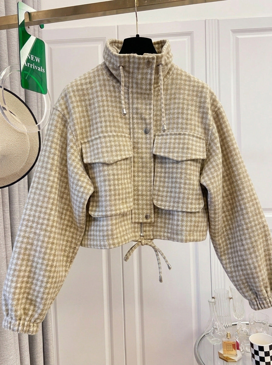 Women's Fashion Retro Plaid Stand Collar Short Coat, Drawstring Design, Zipper Front, Perfect for Fall Winter Daily Holiday Outing