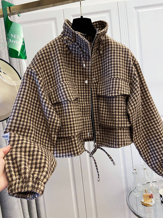 Women's Fashion Retro Plaid Stand Collar Short Coat, Drawstring Design, Zipper Front, Perfect for Fall Winter Daily Holiday Outing