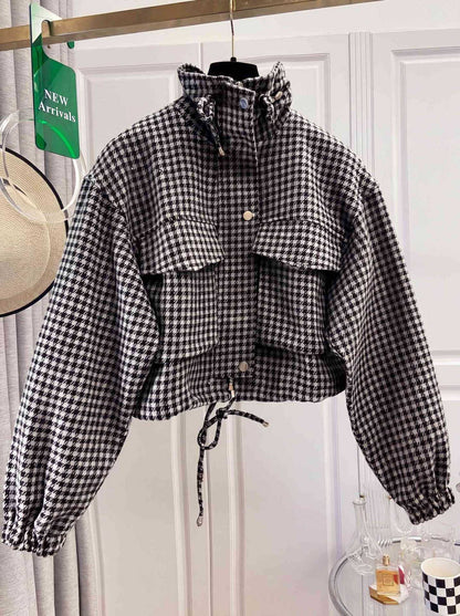 Women's Fashion Retro Plaid Stand Collar Short Coat, Drawstring Design, Zipper Front, Perfect for Fall Winter Daily Holiday Outing