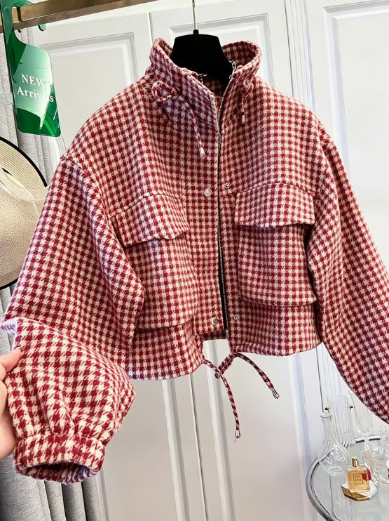 Women's Fashion Retro Plaid Stand Collar Short Coat, Drawstring Design, Zipper Front, Perfect for Fall Winter Daily Holiday Outing
