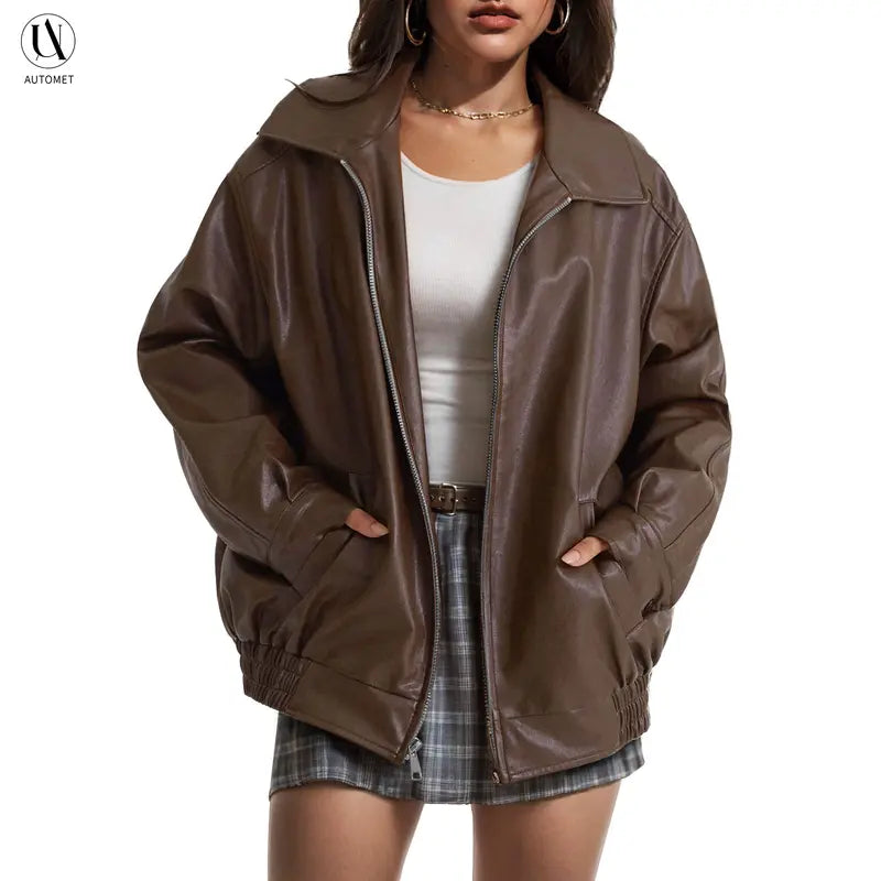 Women's Oversized Faux Leather Biker Bomber Jacket, Fall Winter Coat