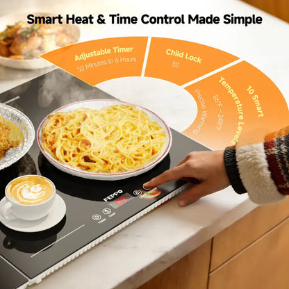 Electric Food Warming Tray, 10 Heat Levels, Timer Control & Tempered Glass