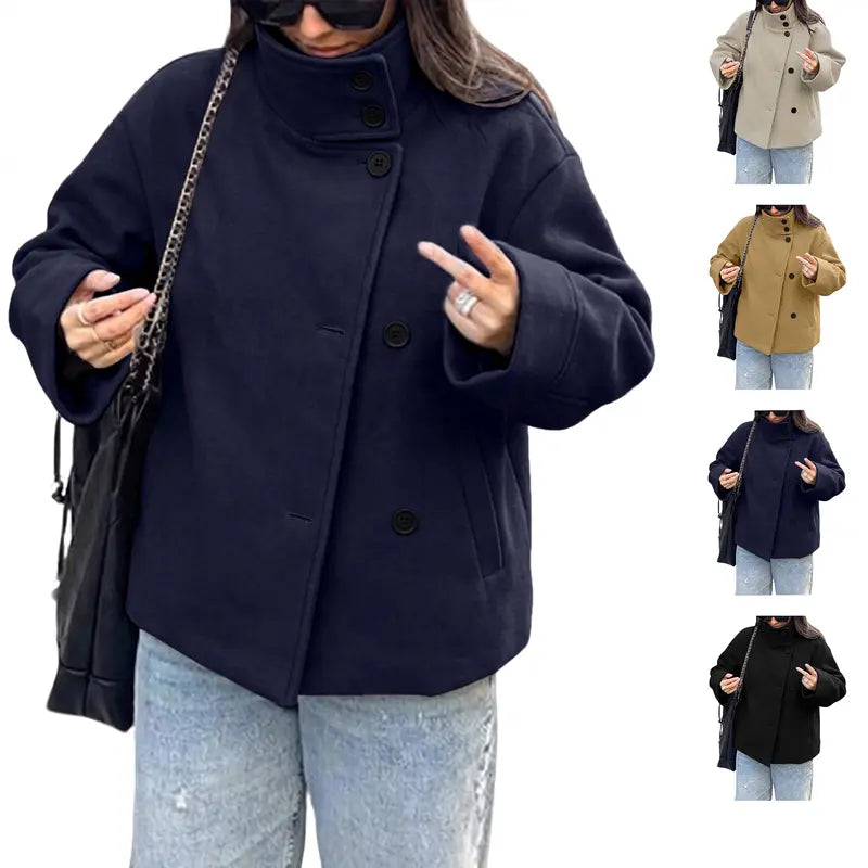 Women Oversized Stand Collar Wool Blend Pea Coat