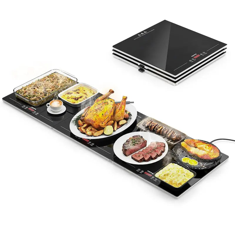 Electric Food Warming Tray, 10 Heat Levels, Timer Control & Tempered Glass