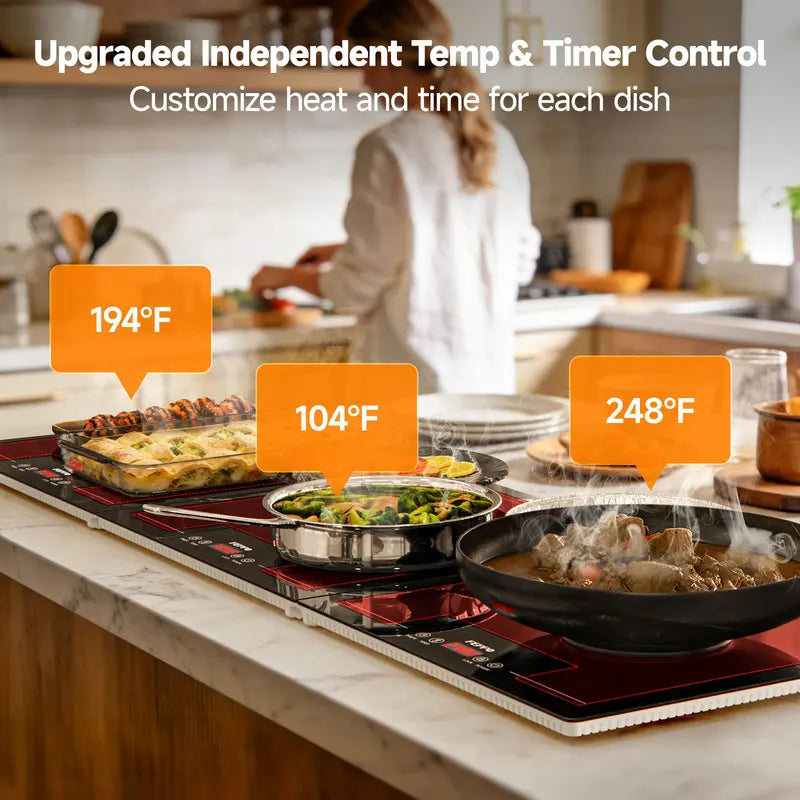 Electric Food Warming Tray, 10 Heat Levels, Timer Control & Tempered Glass