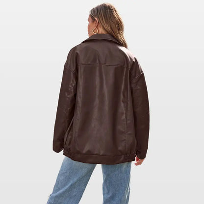 Women's Oversized Faux Leather Biker Bomber Jacket, Fall Winter Coat
